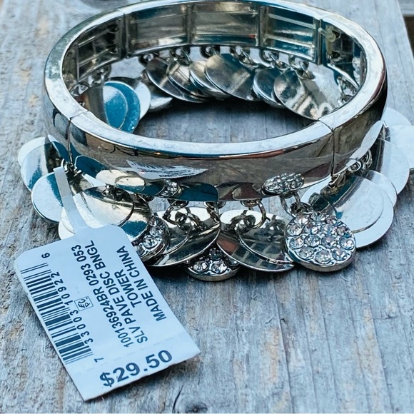 NWT STYLE & CO SILVER PAVE & SHAKY DISC STRETCH BANGLE BRACELET - Picture 6 of 7